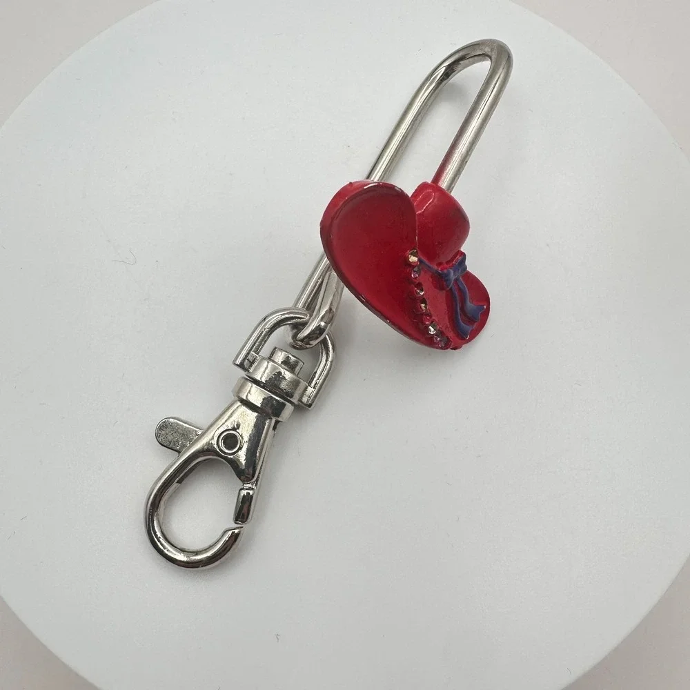 Vintage 90s Silver Tone Red Hat Society Purse Hook Key Finder Enamel Glass